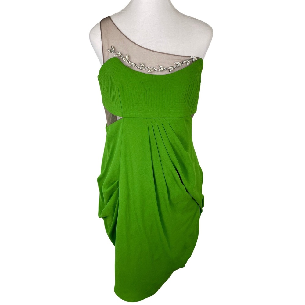 BCBGMAXAZRIA Runway Dress Womens‎ 12 Green EUC One Shoulder Beaded Silk Lined